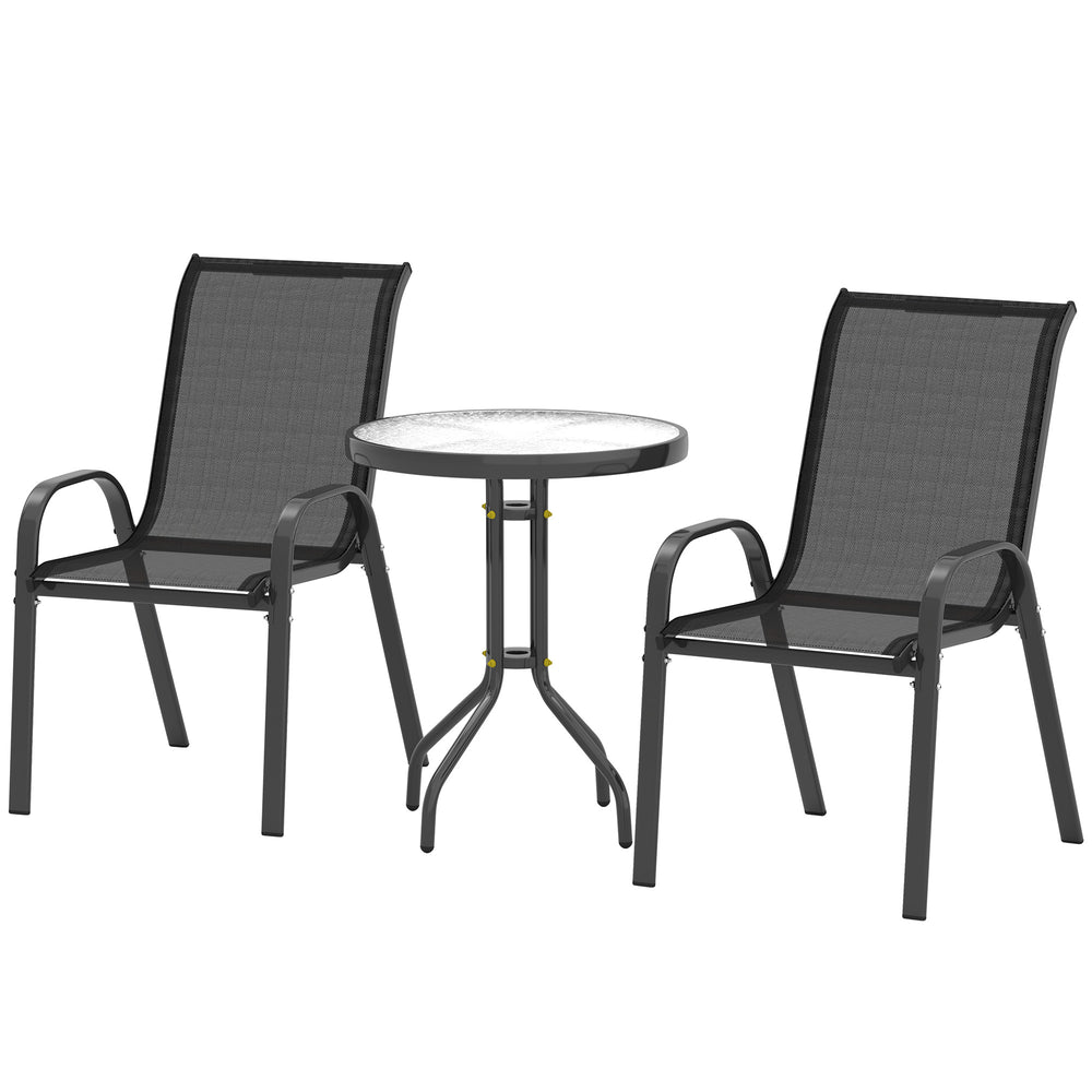 3 pièces salon de jardin extérieur, ensemble de meubles 2 fauteuils empilables, table basse avec dessus en verre trempé, tissu en textilène, pour patio, terrasse, balcon, noir