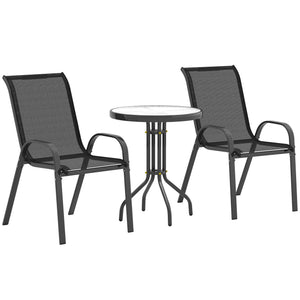 3 pièces salon de jardin extérieur, ensemble de meubles 2 fauteuils empilables, table basse avec dessus en verre trempé, tissu en textilène, pour patio, terrasse, balcon, noir