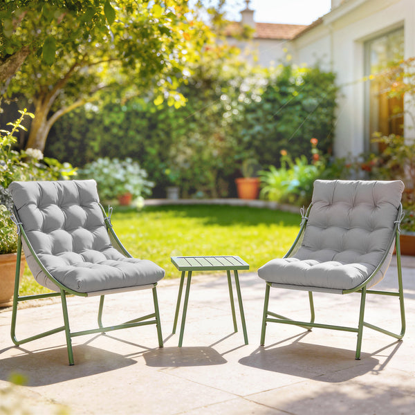 Ensemble bistrot de jardin 3 pièces, salon de jardin extérieur 2 personnes avec 2 chaises, table basse et coussins, mobilier de jardin, terrasse, balcon, véranda, gris clair