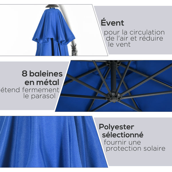 Parasol déporté octogonal rabattable diamètre 3 m parasol de jardin avec pied en croix bleu