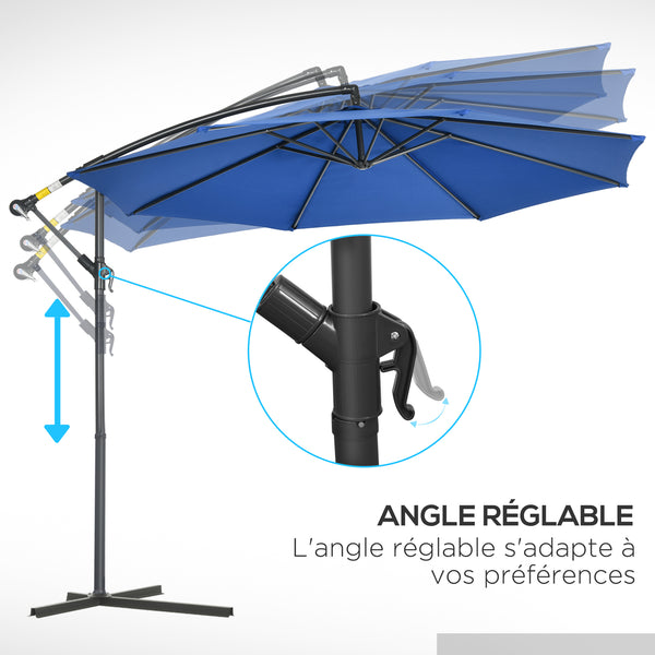 Parasol déporté octogonal rabattable diamètre 3 m parasol de jardin avec pied en croix bleu