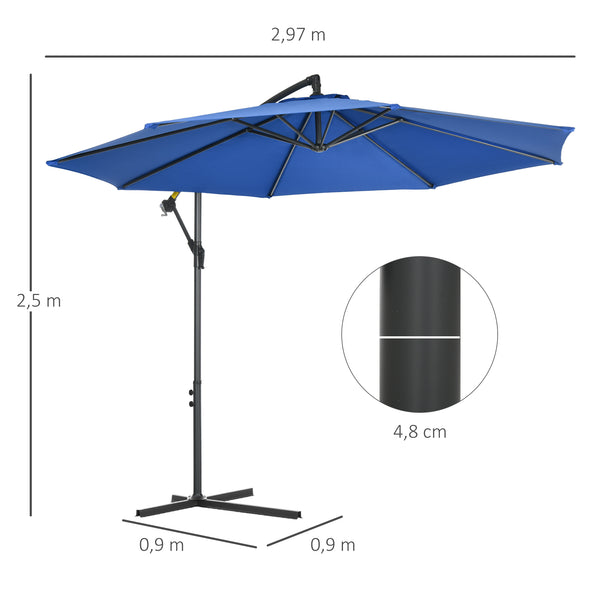 Parasol déporté octogonal rabattable diamètre 3 m parasol de jardin avec pied en croix bleu