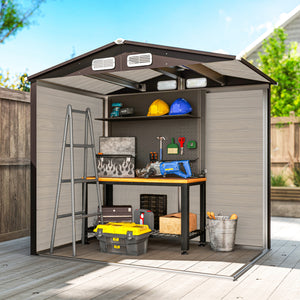 Abri de jardin en métal 2,27 m², facile à monter, structure en acier galvanisé améliorée, abri à outils extérieur, toiture 2 pans avec aérations, gants et cadenas inclus, 190x131x188cm, chêne
