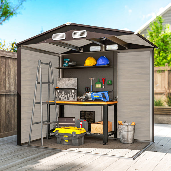 Abri de jardin en métal 2,27 m², facile à monter, structure en acier galvanisé améliorée, abri à outils extérieur, toiture 2 pans avec aérations, gants et cadenas inclus, 190x131x188cm, chêne