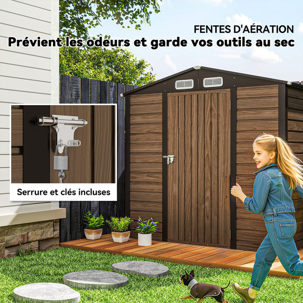Abri de jardin en métal 2,27 m², facile à monter, structure en acier galvanisé améliorée, abri à outils extérieur, toiture 2 pans avec aérations, gants et cadenas inclus, 190x131x188cm, chêne
