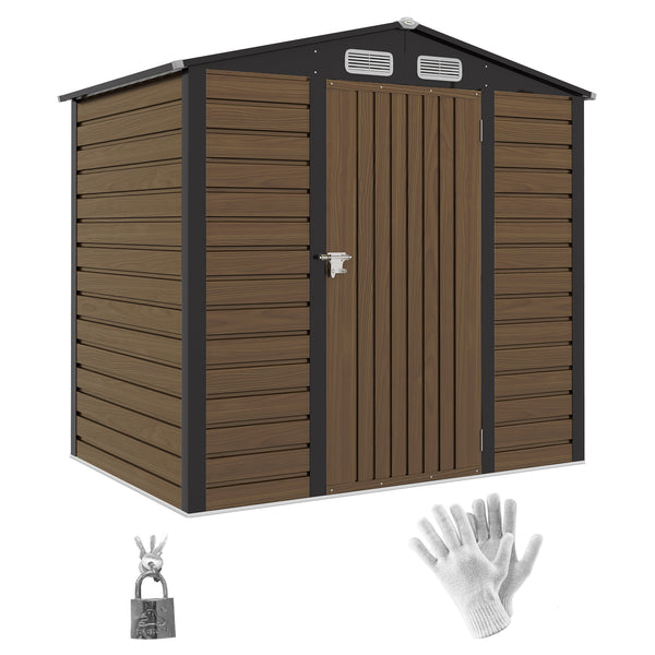 Abri de jardin en métal 2,27 m², facile à monter, structure en acier galvanisé améliorée, abri à outils extérieur, toiture 2 pans avec aérations, gants et cadenas inclus, 190x131x188cm, chêne