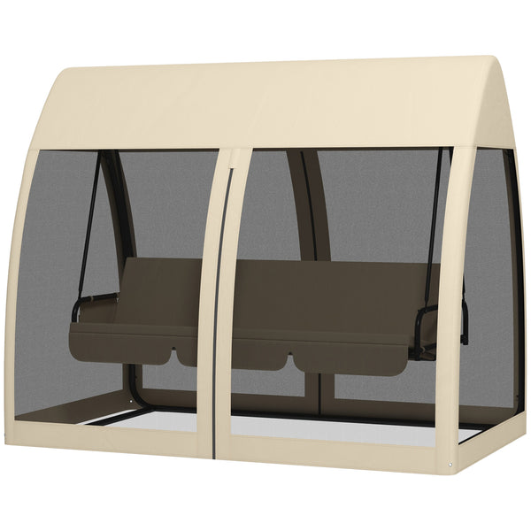 Balancelle de jardin convertible 3 places, balancelle d'extérieur avec auvent et coussins, filet avec fermetures éclair, poche, pour jardin, cour, beige