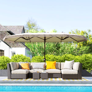 Parasol de jardin exterieur parasol double rectangulaire 4,5 x 2,65 x 2,6 m avec ouverture fermeture manivelle et franges, toile 180 g/m², parasol pour balcon, piscine, terrasse, crème