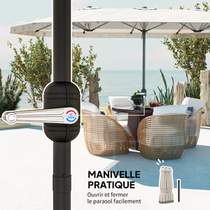 Parasol de jardin exterieur parasol double rectangulaire 4,5 x 2,65 x 2,6 m avec ouverture fermeture manivelle et franges, toile 180 g/m², parasol pour balcon, piscine, terrasse, crème