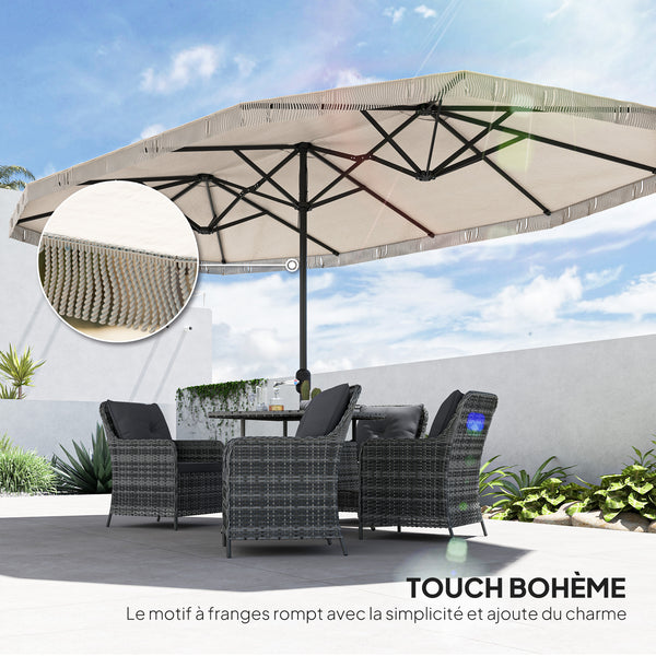 Parasol de jardin exterieur parasol double rectangulaire 4,5 x 2,65 x 2,6 m avec ouverture fermeture manivelle et franges, toile 180 g/m², parasol pour balcon, piscine, terrasse, crème