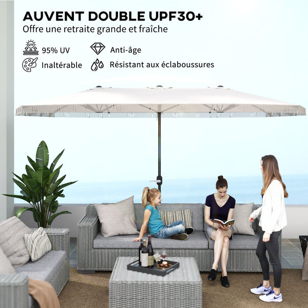 Parasol de jardin exterieur parasol double rectangulaire 4,5 x 2,65 x 2,6 m avec ouverture fermeture manivelle et franges, toile 180 g/m², parasol pour balcon, piscine, terrasse, crème