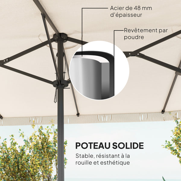 Parasol de jardin exterieur parasol double rectangulaire 4,5 x 2,65 x 2,6 m avec ouverture fermeture manivelle et franges, toile 180 g/m², parasol pour balcon, piscine, terrasse, crème
