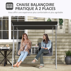 Balancelle de jardin 2 places avec auvent inclinable tablette centrale 2 porte-gobelets pour terrasse 175L x 112l x 158H cm balcon gris