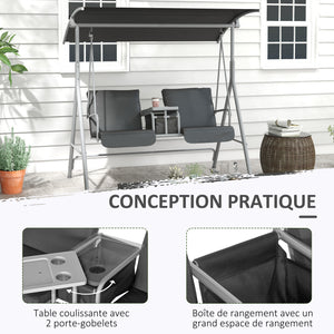 Balancelle de jardin 2 places avec auvent inclinable tablette centrale 2 porte-gobelets pour terrasse 175L x 112l x 158H cm balcon gris