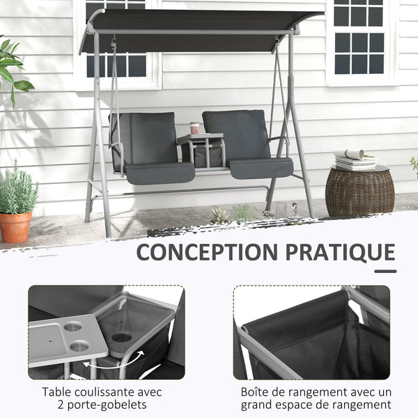 Balancelle de jardin 2 places avec auvent inclinable tablette centrale 2 porte-gobelets pour terrasse 175L x 112l x 158H cm balcon gris