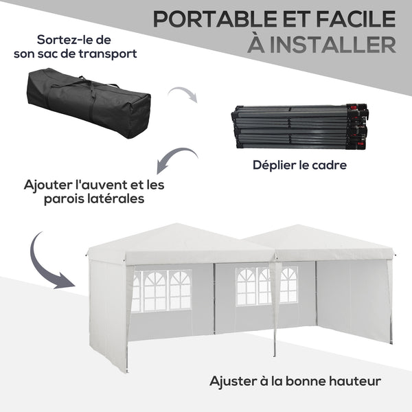 Tente de réception Tonnelle barnum pliable 6x3m avec parois latérales Hauteur réglable avec sac de transport Roues, extérieur, jardin, fêtes