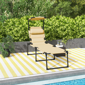 Bain de soleil, chaise longue pliante avec pare-soleil, appuie-tête en tissu Oxford, transat jardin extérieur inclinable de plage camping piscine terrasse 70 x 200 x 45 cm crème
