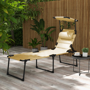 Bain de soleil, chaise longue pliante avec pare-soleil, appuie-tête en tissu Oxford, transat jardin extérieur inclinable de plage camping piscine terrasse 70 x 200 x 45 cm crème