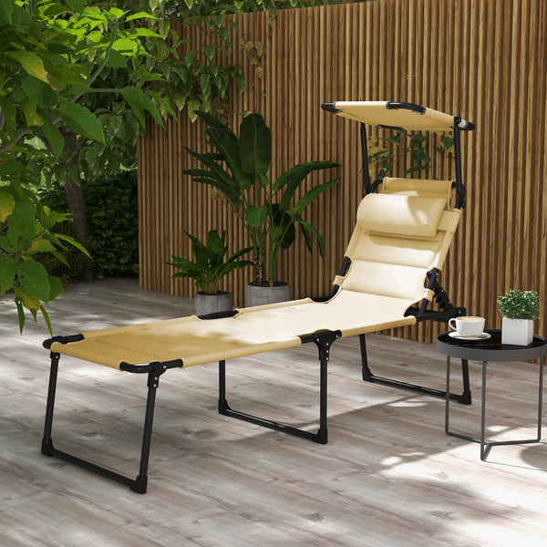 Bain de soleil, chaise longue pliante avec pare-soleil, appuie-tête en tissu Oxford, transat jardin extérieur inclinable de plage camping piscine terrasse 70 x 200 x 45 cm crème