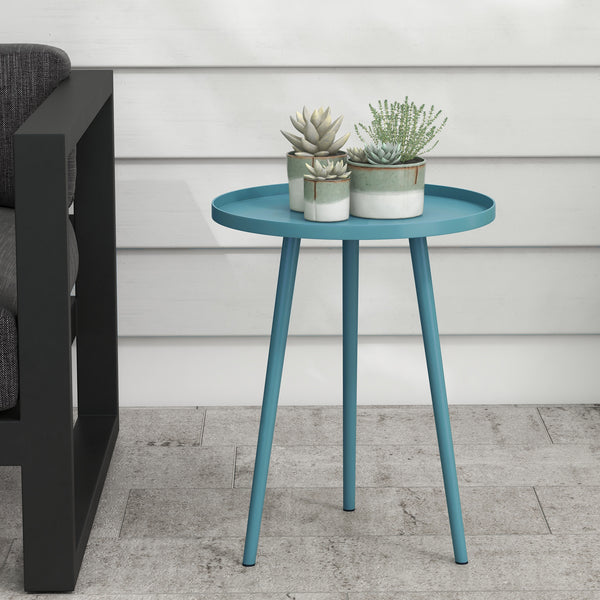 Table basse de jardin ronde, table d'appoint extérieur avec bord rond en acier, dim. Ø40 x 50H cm bleu
