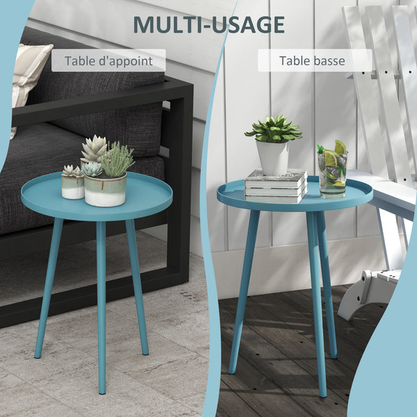 Table basse de jardin ronde, table d'appoint extérieur avec bord rond en acier, dim. Ø40 x 50H cm bleu