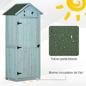 Armoire de jardin extérieur abri de jardin en bois abri pour outils 3 étagères 2 Portes loquets Toit Pente bitumé 77L x 54l x 179H cm Sapin traité Bleu