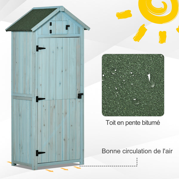 Armoire de jardin extérieur abri de jardin en bois abri pour outils 3 étagères 2 Portes loquets Toit Pente bitumé 77L x 54l x 179H cm Sapin traité Bleu