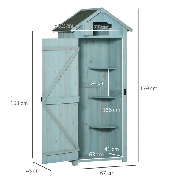 Armoire de jardin extérieur abri de jardin en bois abri pour outils 3 étagères 2 Portes loquets Toit Pente bitumé 77L x 54l x 179H cm Sapin traité Bleu
