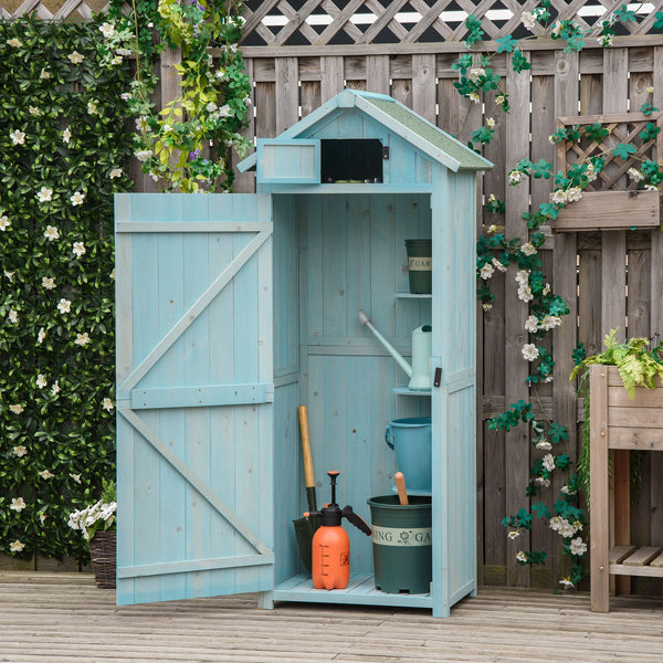 Armoire de jardin extérieur abri de jardin en bois abri pour outils 3 étagères 2 Portes loquets Toit Pente bitumé 77L x 54l x 179H cm Sapin traité Bleu