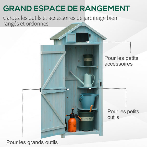 Armoire de jardin extérieur abri de jardin en bois abri pour outils 3 étagères 2 Portes loquets Toit Pente bitumé 77L x 54l x 179H cm Sapin traité Bleu