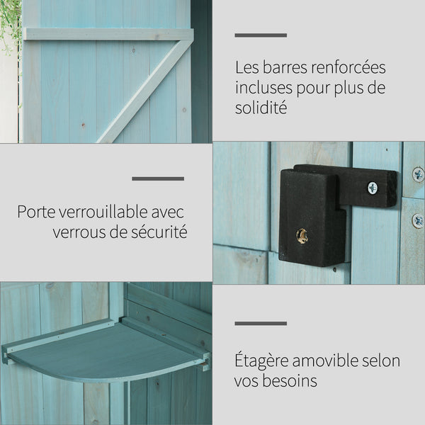 Armoire de jardin extérieur abri de jardin en bois abri pour outils 3 étagères 2 Portes loquets Toit Pente bitumé 77L x 54l x 179H cm Sapin traité Bleu