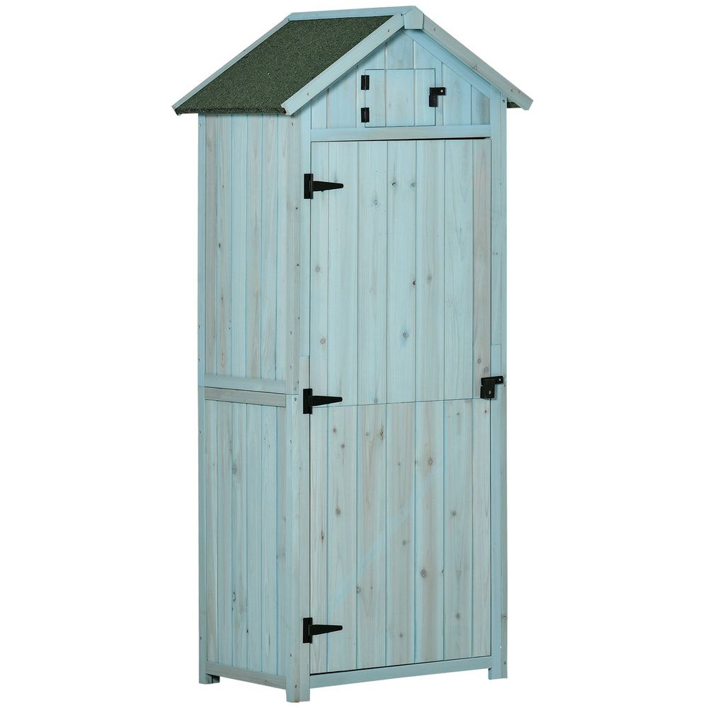 Armoire de jardin extérieur abri de jardin en bois abri pour outils 3 étagères 2 Portes loquets Toit Pente bitumé 77L x 54l x 179H cm Sapin traité Bleu