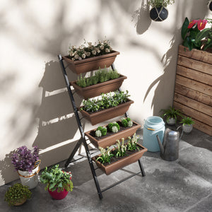 Jardinière surélevée avec étages, jardinière verticale avec 5 bacs à fleurs, trous de drainage avec bouchons en caoutchouc, escalier pour plantes, légumes, herbes, cadre en acier, marron