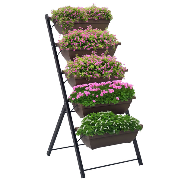 Jardinière surélevée avec étages, jardinière verticale avec 5 bacs à fleurs, trous de drainage avec bouchons en caoutchouc, escalier pour plantes, légumes, herbes, cadre en acier, marron