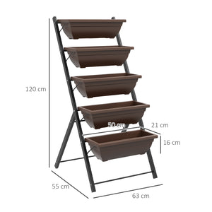 Jardinière surélevée avec étages, jardinière verticale avec 5 bacs à fleurs, trous de drainage avec bouchons en caoutchouc, escalier pour plantes, légumes, herbes, cadre en acier, marron