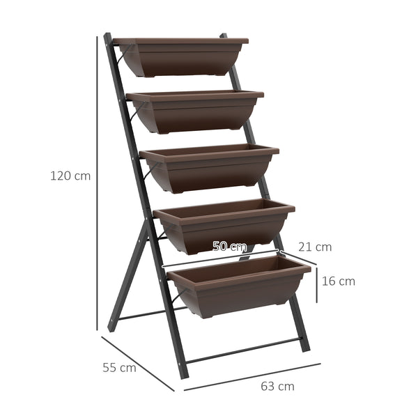 Jardinière surélevée avec étages, jardinière verticale avec 5 bacs à fleurs, trous de drainage avec bouchons en caoutchouc, escalier pour plantes, légumes, herbes, cadre en acier, marron