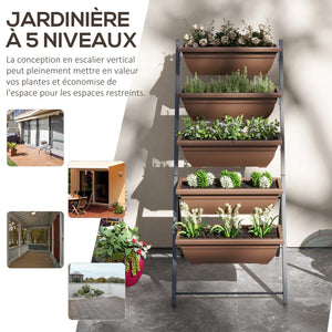 Jardinière surélevée avec étages, jardinière verticale avec 5 bacs à fleurs, trous de drainage avec bouchons en caoutchouc, escalier pour plantes, légumes, herbes, cadre en acier, marron
