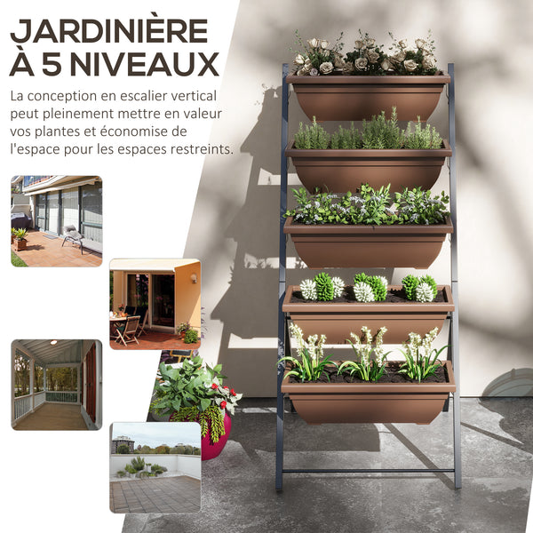 Jardinière surélevée avec étages, jardinière verticale avec 5 bacs à fleurs, trous de drainage avec bouchons en caoutchouc, escalier pour plantes, légumes, herbes, cadre en acier, marron