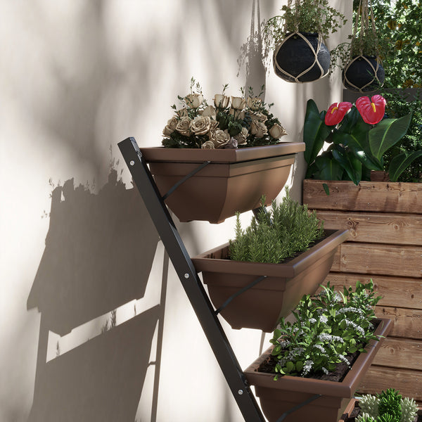 Jardinière surélevée avec étages, jardinière verticale avec 5 bacs à fleurs, trous de drainage avec bouchons en caoutchouc, escalier pour plantes, légumes, herbes, cadre en acier, marron