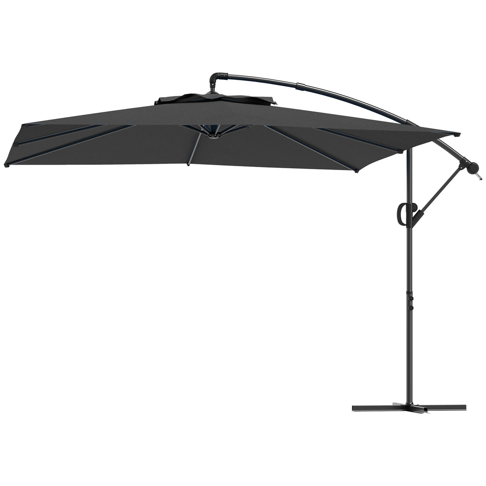 Parasol déporté carré 3 x 3 m, parasol de jardin extérieur avec manivelle, base croisée, parasol inclinable et rotation à 360°, toile polyester 180 g/m², protection UV UPF50+, gris foncé