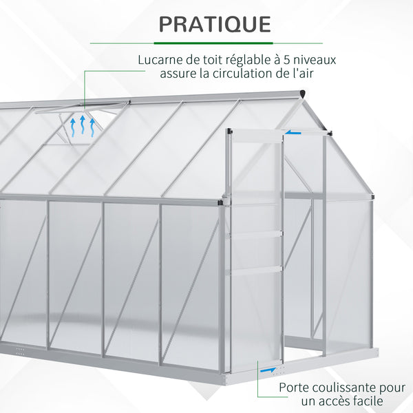 Serre de Jardin en Polycarbonate 7,1 m² dim. 1,9L x 3,75l x 1,99 m avec Fondation, Lucarne réglable, Porte coulissante - Argent et Transparent