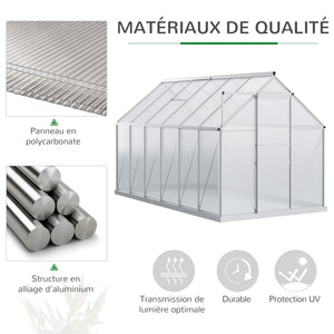 Serre de Jardin en Polycarbonate 7,1 m² dim. 1,9L x 3,75l x 1,99 m avec Fondation, Lucarne réglable, Porte coulissante - Argent et Transparent