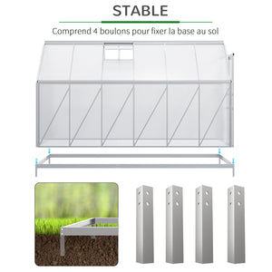 Serre de Jardin en Polycarbonate 7,1 m² dim. 1,9L x 3,75l x 1,99 m avec Fondation, Lucarne réglable, Porte coulissante - Argent et Transparent