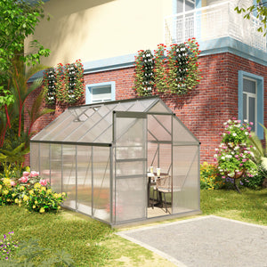 Serre de Jardin en Polycarbonate 7,1 m² dim. 1,9L x 3,75l x 1,99 m avec Fondation, Lucarne réglable, Porte coulissante - Argent et Transparent