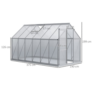 Serre de Jardin en Polycarbonate 7,1 m² dim. 1,9L x 3,75l x 1,99 m avec Fondation, Lucarne réglable, Porte coulissante - Argent et Transparent