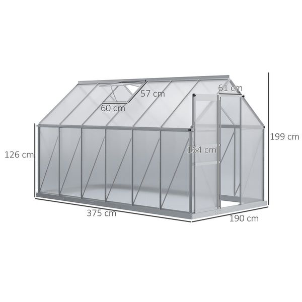 Serre de Jardin en Polycarbonate 7,1 m² dim. 1,9L x 3,75l x 1,99 m avec Fondation, Lucarne réglable, Porte coulissante - Argent et Transparent