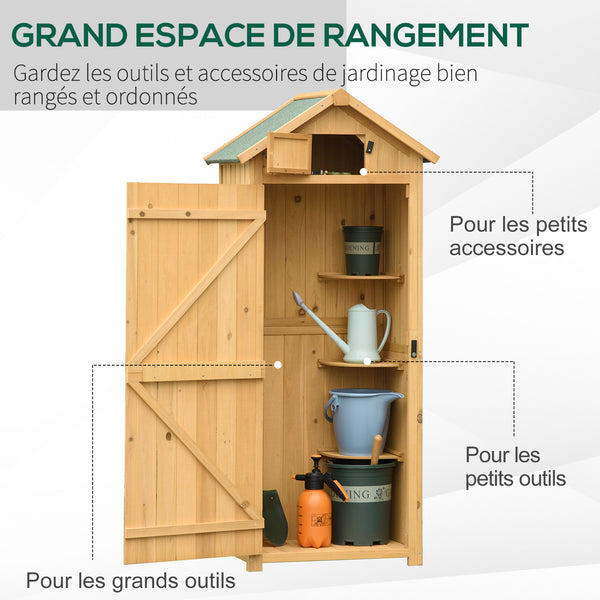 Armoire de jardin extérieur abri de jardin en bois abri pour outils 3 étagères 2 Portes loquets Toit Pente bitumé rangement et stockage extérieurs pour terrasse 77 x 54 x 179 cm jaune