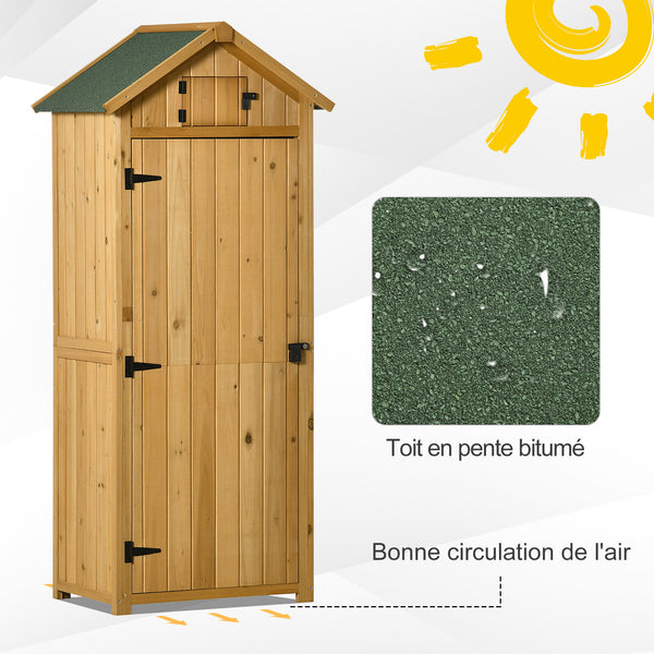 Armoire de jardin extérieur abri de jardin en bois abri pour outils 3 étagères 2 Portes loquets Toit Pente bitumé rangement et stockage extérieurs pour terrasse 77 x 54 x 179 cm jaune