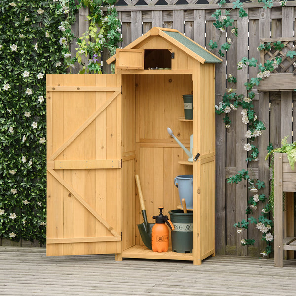 Armoire de jardin extérieur abri de jardin en bois abri pour outils 3 étagères 2 Portes loquets Toit Pente bitumé rangement et stockage extérieurs pour terrasse 77 x 54 x 179 cm jaune