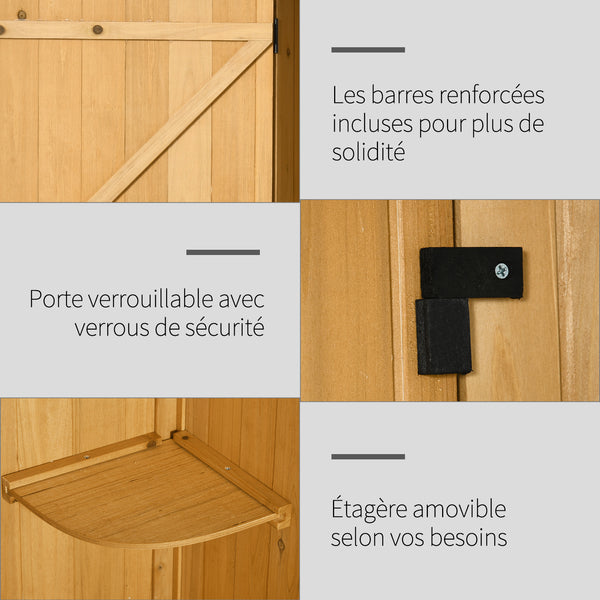 Armoire de jardin extérieur abri de jardin en bois abri pour outils 3 étagères 2 Portes loquets Toit Pente bitumé rangement et stockage extérieurs pour terrasse 77 x 54 x 179 cm jaune